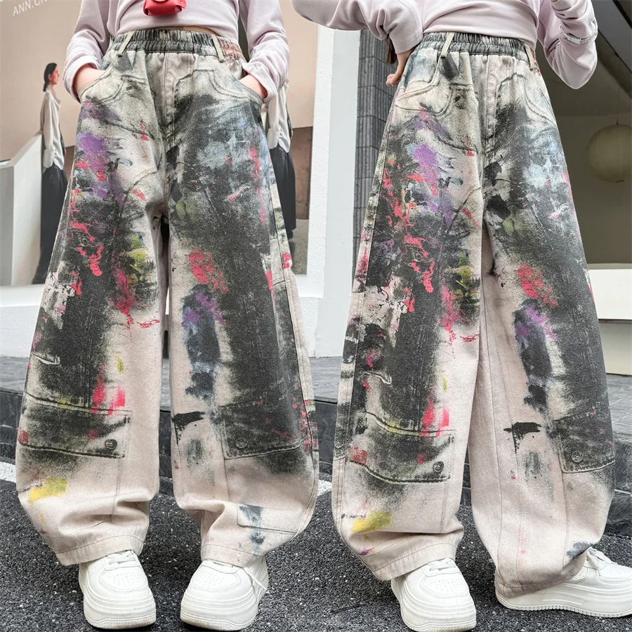 

Kids Children Loose Wide Leg Distressed Jeans With Drawing y2k High Waist Casual Daily Streetwear Graffiti Denim Pants For Girls