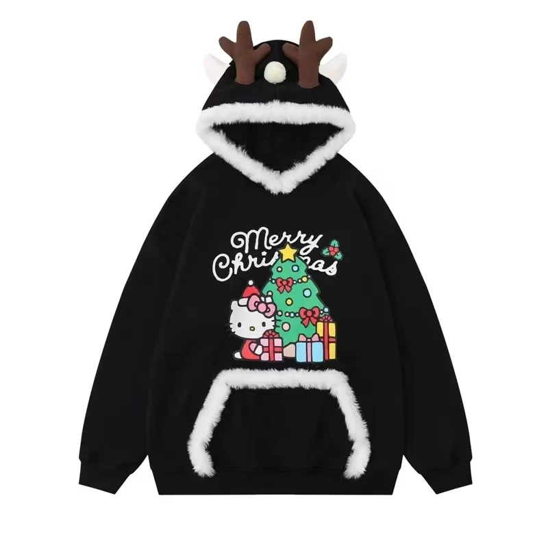 American Sanrio Hello Kitty Christmas Deer Hooded Plush Sweater Cute Hoodies Women Sweet Style Lovely Loose Coat Autumn Clothes