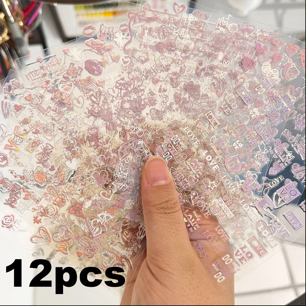 12 ピース/セットレーザースライバーバレンタインデーネイルステッカー 3D ハート/弓/唇/キス/愛ネイルデカール女性のためのマニキュア装飾スライダー