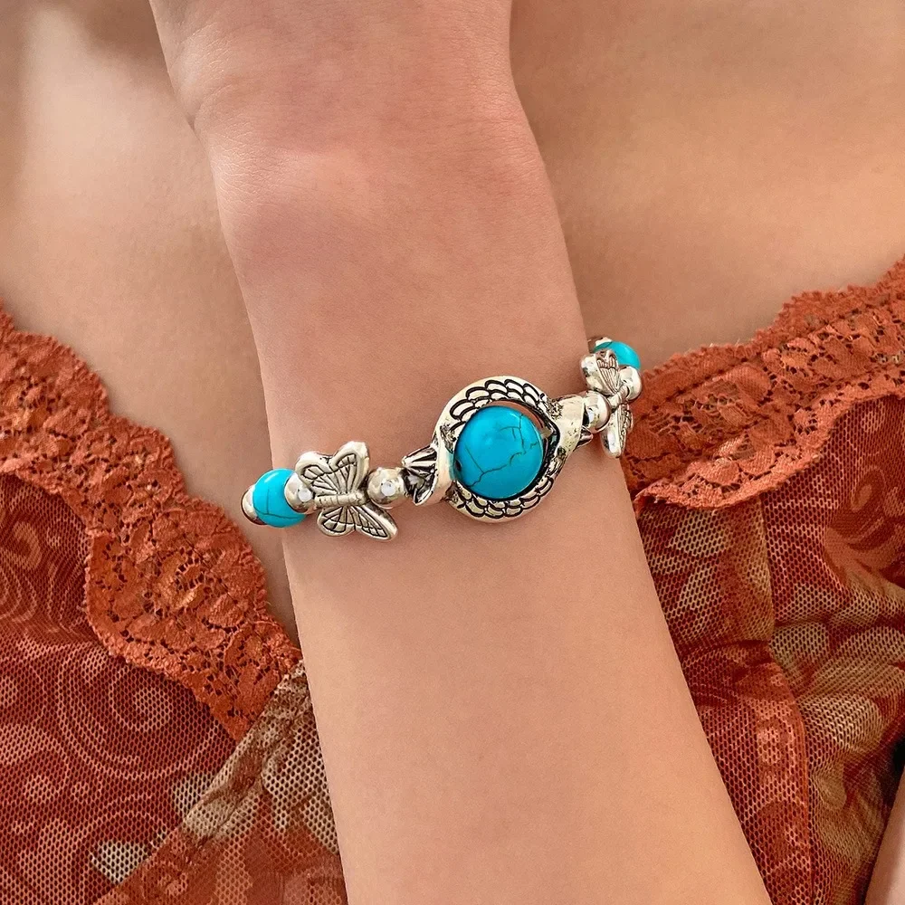Bohemia Retro Natural Green Stone Butterfly Tortoise Bracelet for Women Charm Evil's Eye Summer Beach Bangle Jewelry Accessories