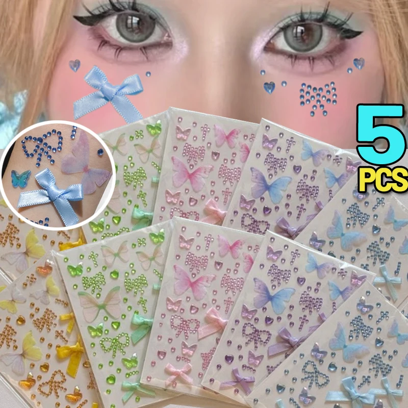 

1/5 шт., блестящая наклейка со стразами и бабочкой, вечерние Y2K, лента с бантом, макияж, музыкальный фестиваль, сделай сам, драгоценности для лица, татуировки, наклейки