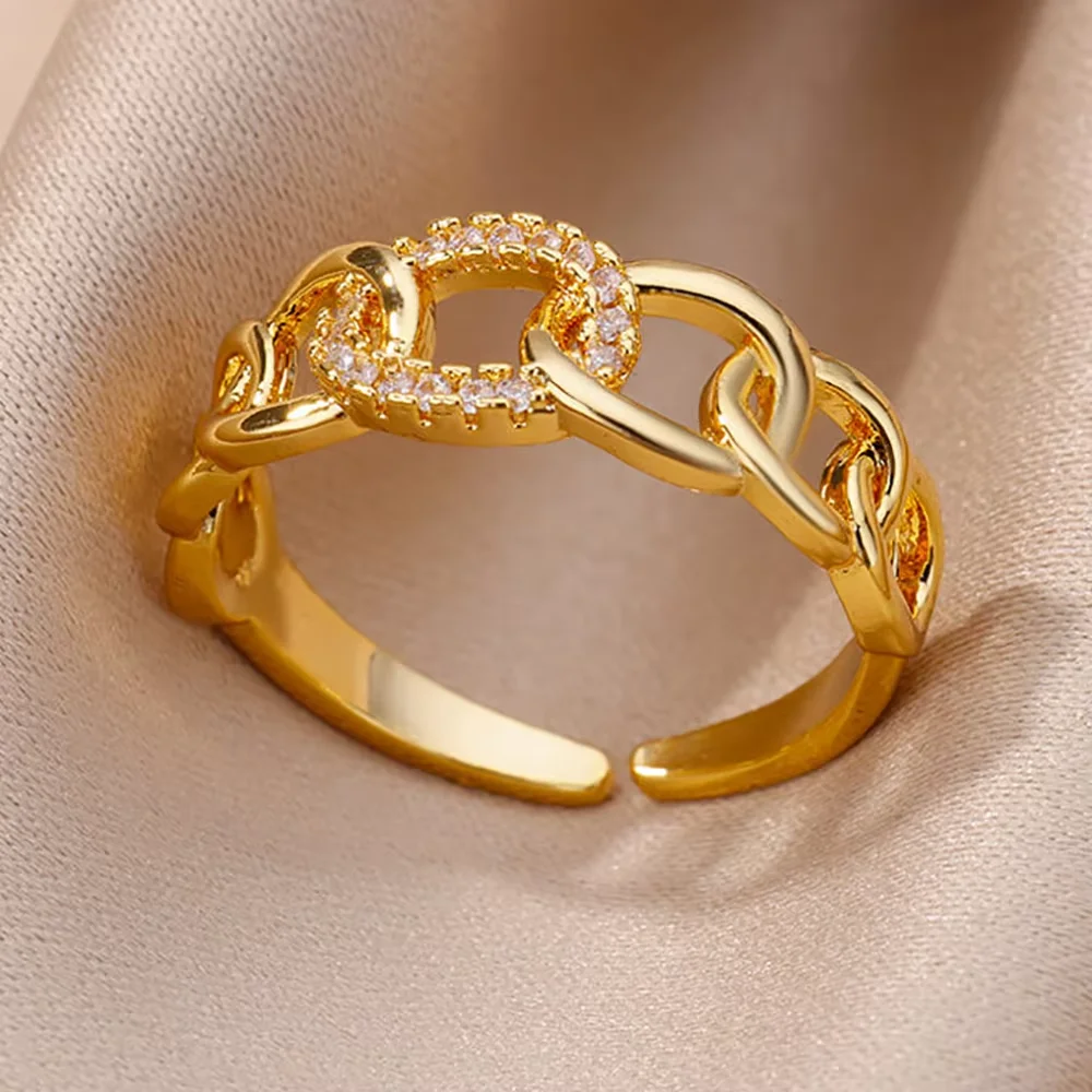 Anillos Gold Farbe Zirkonia Chic Ringe Für Frauen 2025, Punk Elegante Hochzeit Party Ästhetischen Edelstahl Ring Schmuck