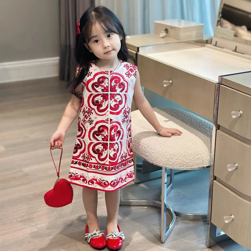 2023 Summer Floral Dress for Girls Red Flower Print Dress Children's Set Bohemian Dress