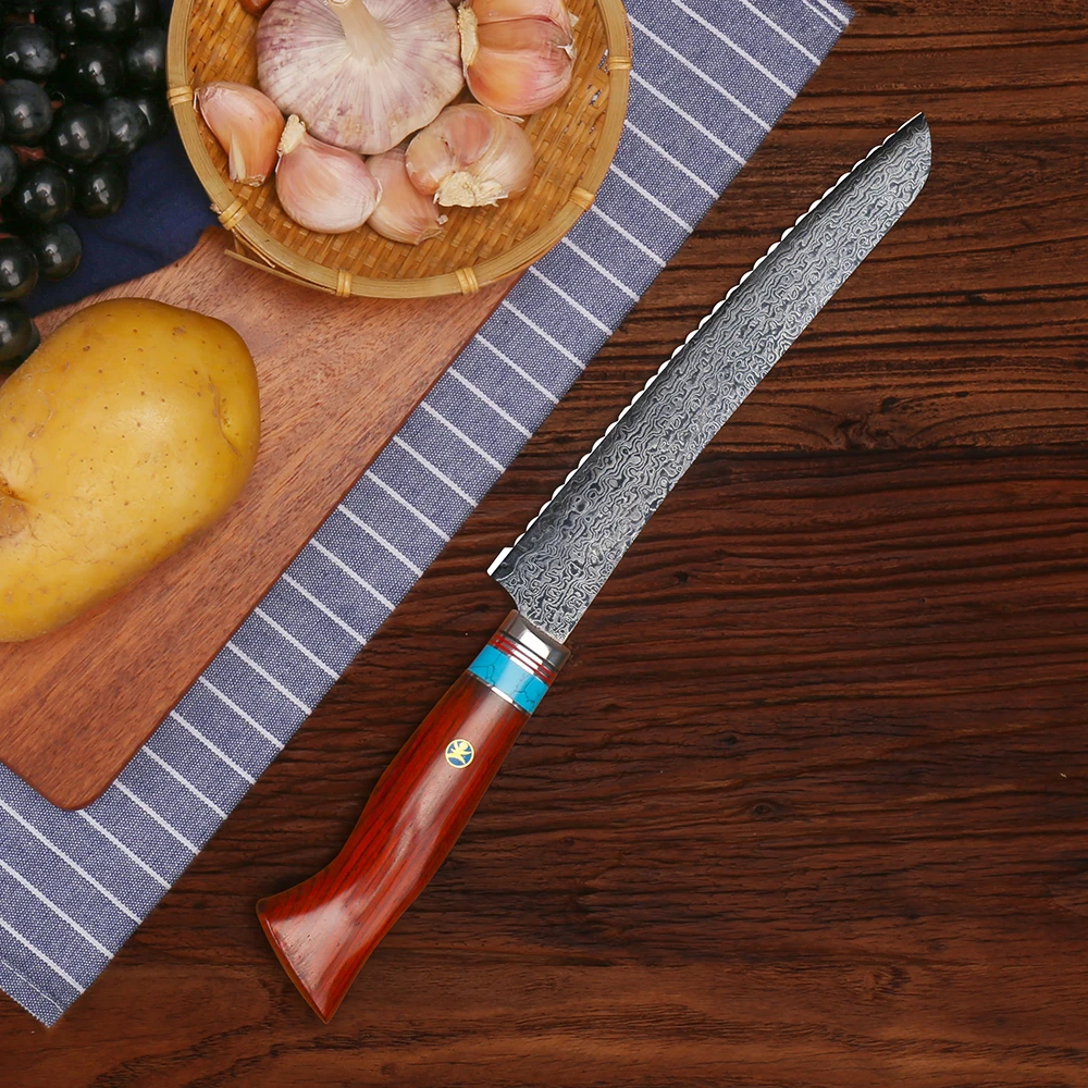 WILDMOK High Hardness Damascus Steel Blade, 8 Inch Forged Bread Knife with Yellow Sandalwood Non-slip Handle