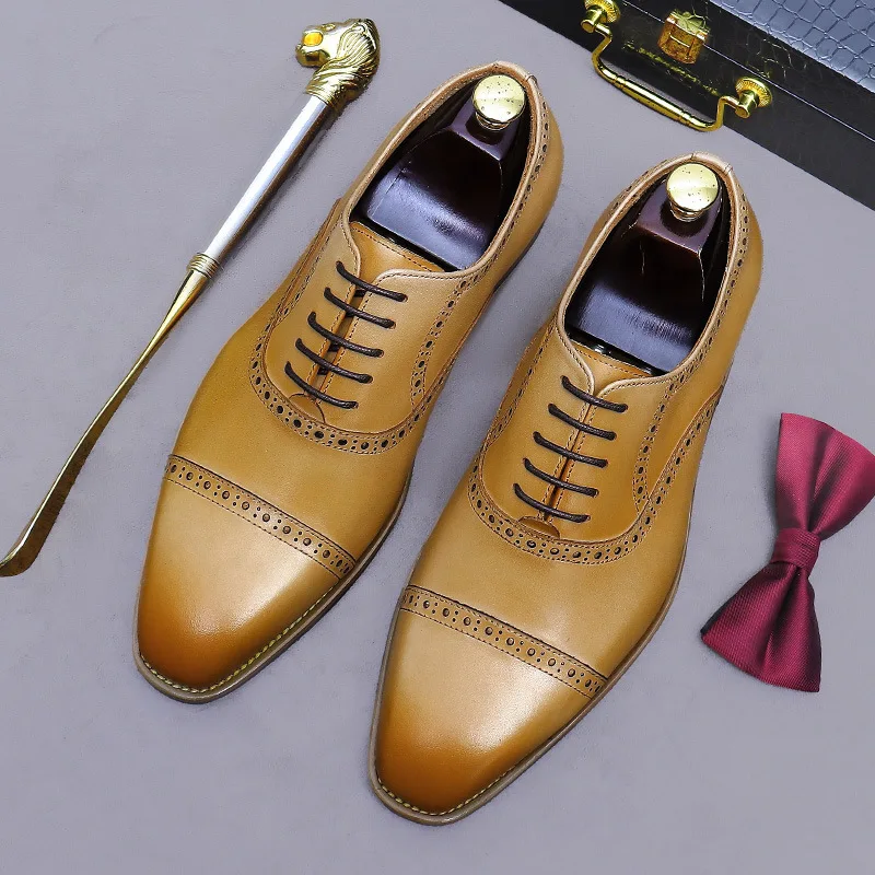 

Formal Leather Mens Wedding Shoes Round Toe Business Oxford Brogue Genuine Leather Men's Shoes