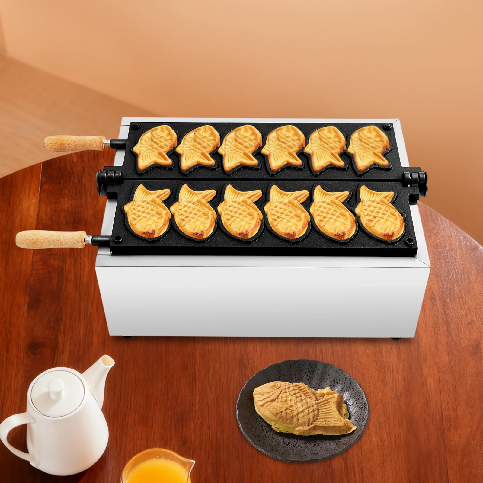 Máquina para hacer gofres en forma de pez con 6 ranuras, máquina Taiyaki comercial, 180 ° Giratorio, 122-572 ° Temporizador F, 0-5min, para restaurante, tienda de postres