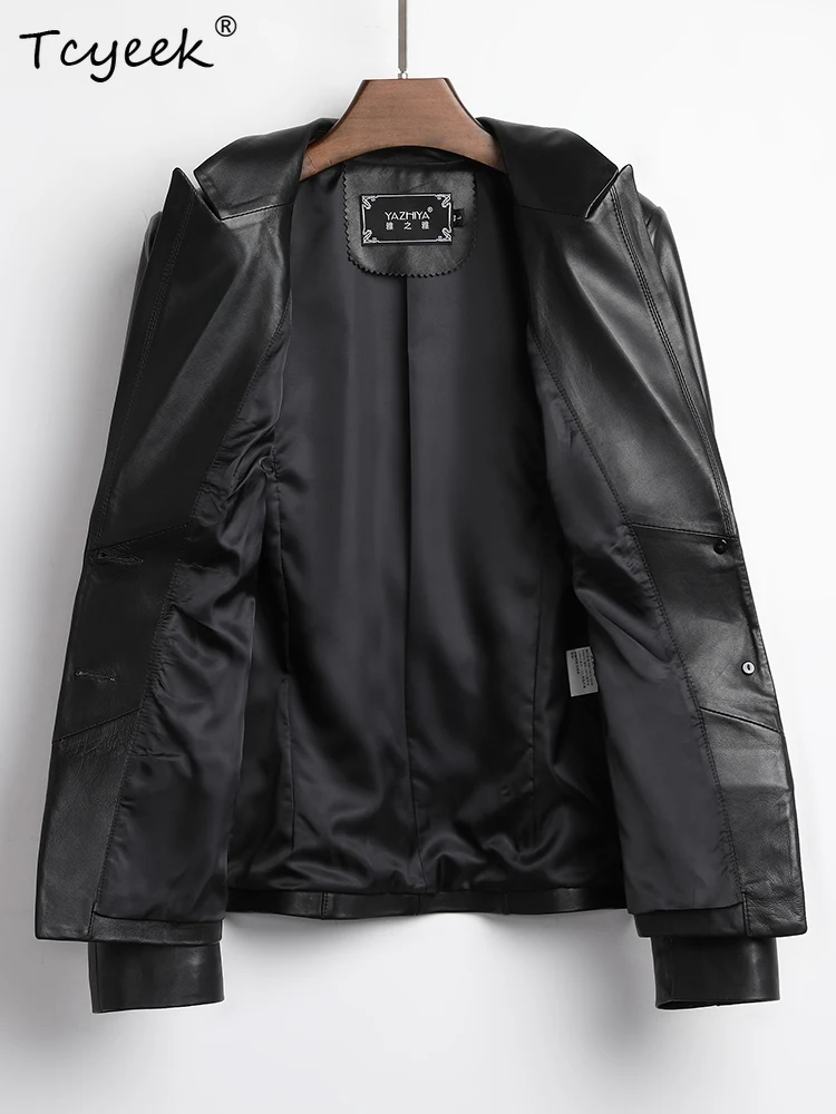 Tcyeek Echt Schaffell Frauen Leder Jacke Frühling Herbst Anzug Kragen Lange Ärmeln Schwarz Kurze Anzug Jacke Chaqueta Cuero Mujer