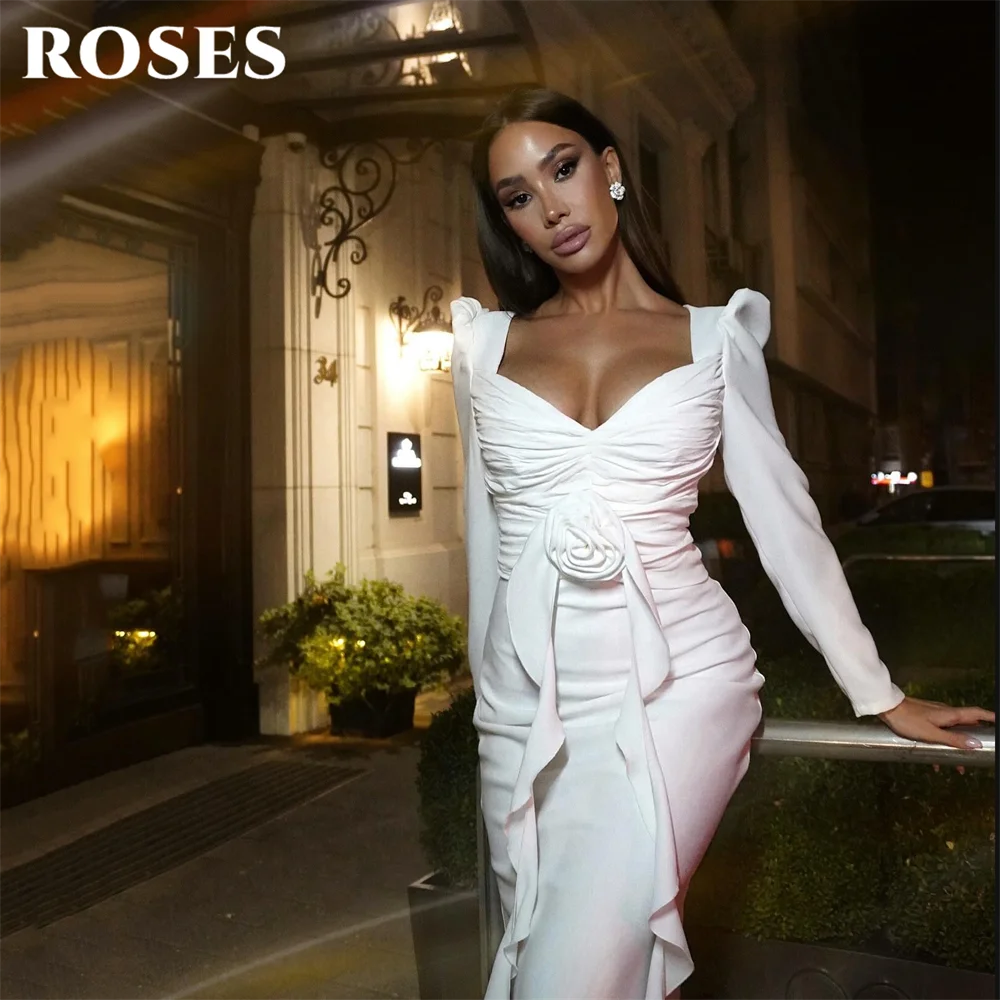 

ROSES Белые платья для выпускного вечера с квадратным вырезом Платье знаменитости с длинным рукавом Женские вечерние платья с 3D цветочным принтом Вечернее платье по индивидуальному заказу