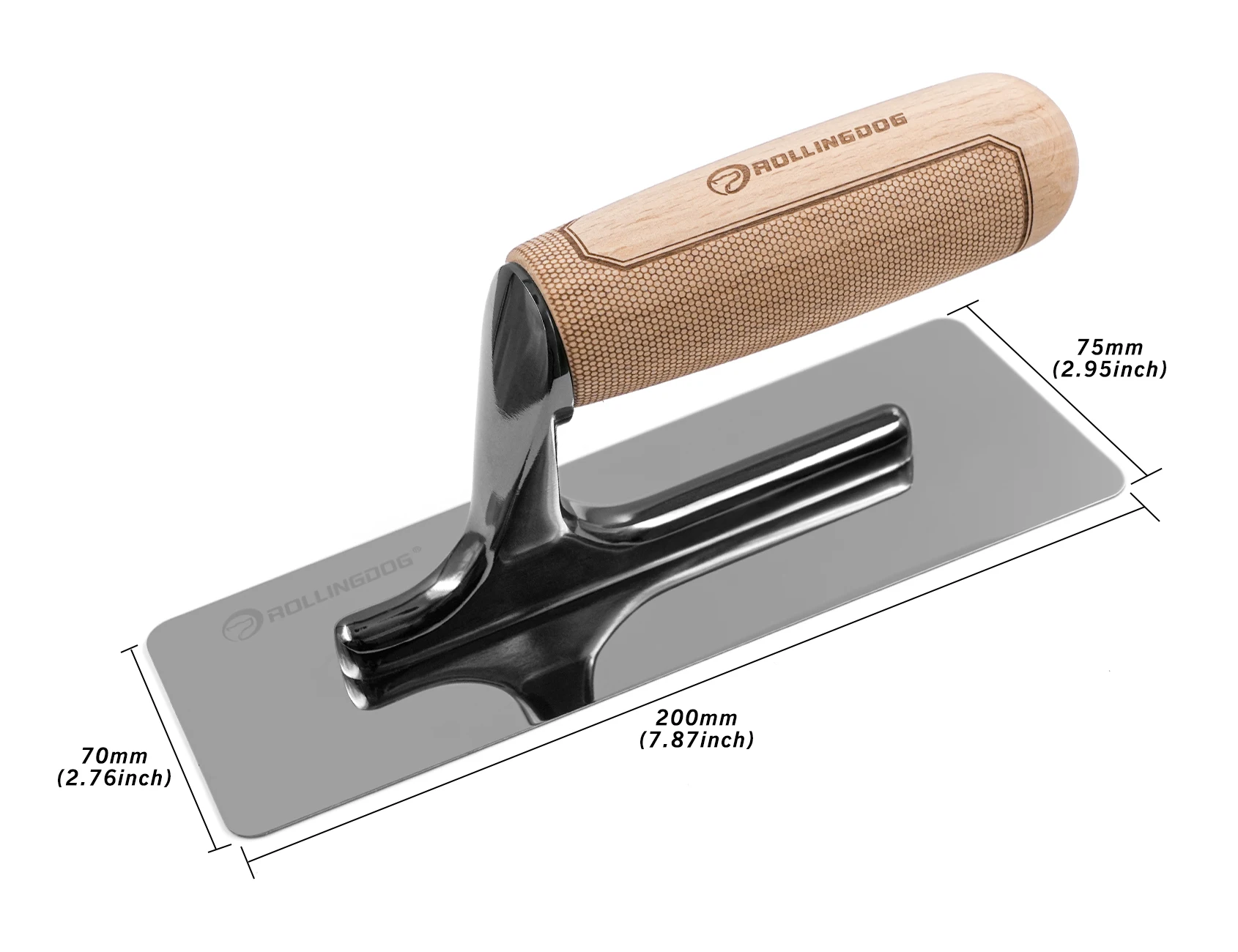 Rollingdog Rectangle Venetian Plaster Trowel Mirror Polished 420 Stainless Steel Blade, Ergonomic Beech Handle for Decorative Finish and Polishing(7.9Inchx3Inch)