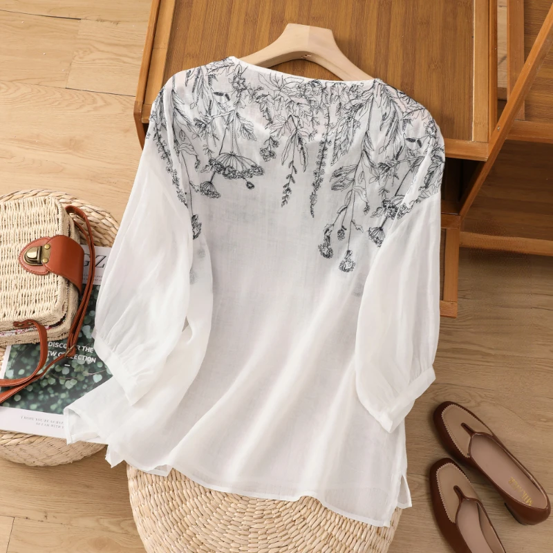 Cotton Linen Shirt for Women, Floral Embroidery Blouses, Vintage Loose Short Sleeve Top, O-Neck, New, Summer