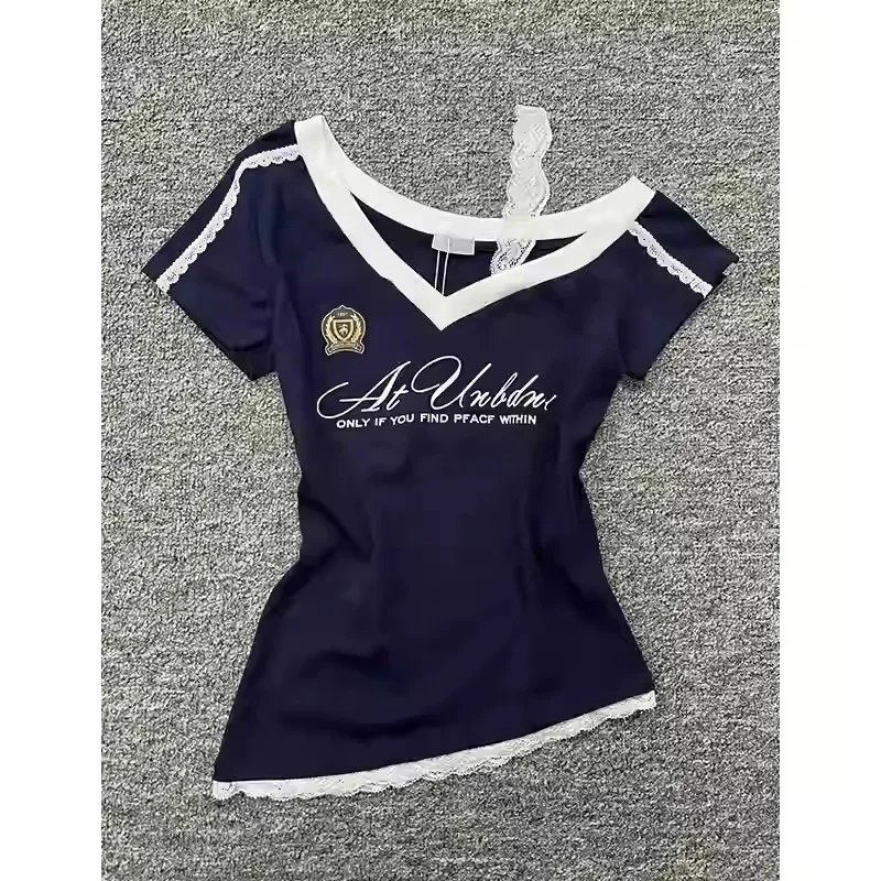 White-Gray Lace Sport Sexy Summer Off shoulder Top Women Y2k V neck Short sleeve T shirt Fashion Korean Lady Basic Tees 2025 New