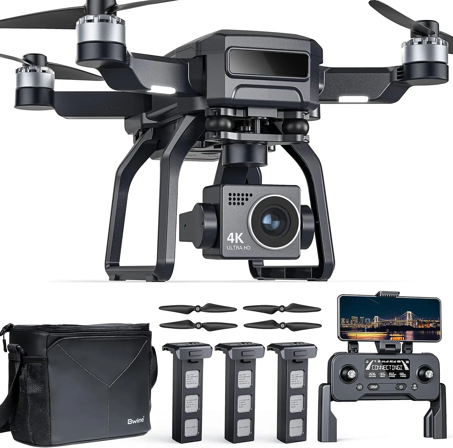 طائرة بدون طيار GPS 75 دقيقة قابلة للطي بدقة 4K مع كاميرا للبالغين المبتدئين، 3 عيون Gimbal + Bwine Drone تبديل البطارية لـ Bwine F7