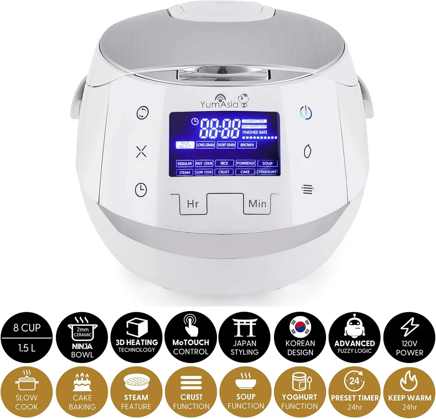 Asia Sakura Rice Cooker with Ceramic Bowl and Advanced Fuzzy Logic (8 Cup, 1.5 Litre) 6 Rice Cook Functions, 6 Multicook Fun