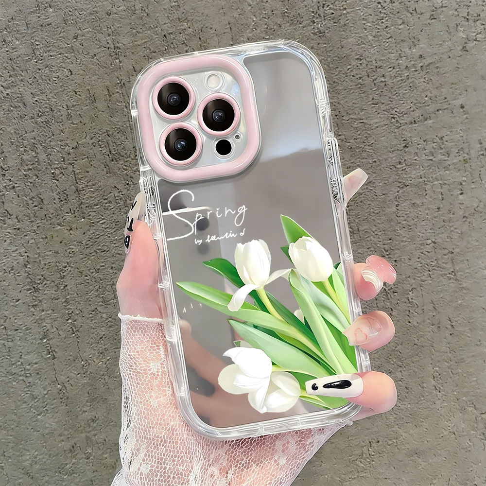 Spring Tulip Flowers Air Cushion Mirror Phone Case For iPhone 17 15 14 16 Pro Max 13 12 11 Pro X XR XS MAX 7 8 Plus 17Air Cover