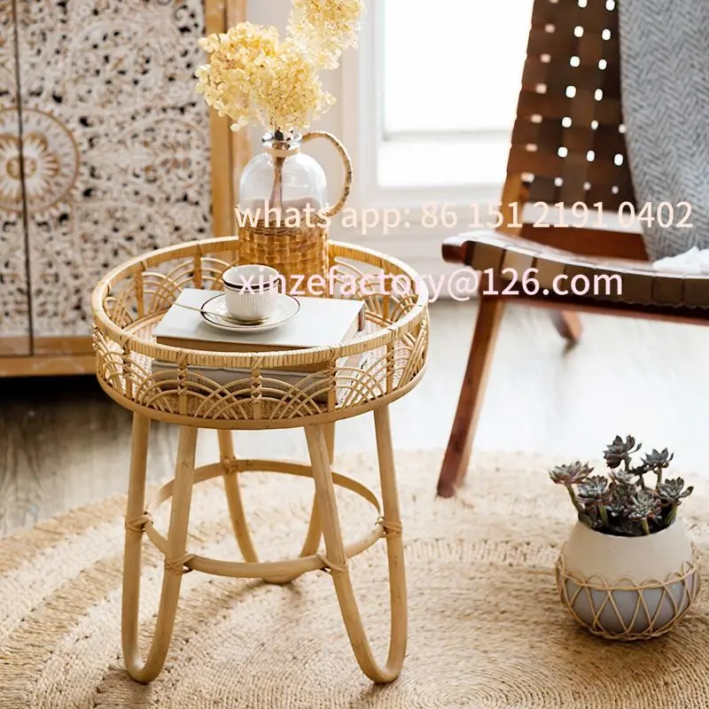Customizable Leisure natural wood rattan coffee table round Light luxury mueble salon garden low tea table living room