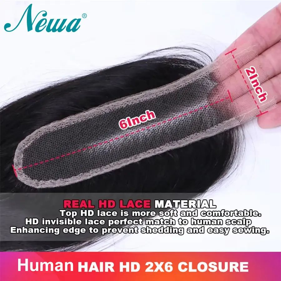 

Newa Hair Real HD 2x6 Lace Closure Deep Part Pre Plucked Small Knots Invisible Melt Skin 100% Human Raw Hair Straight /Body Wave