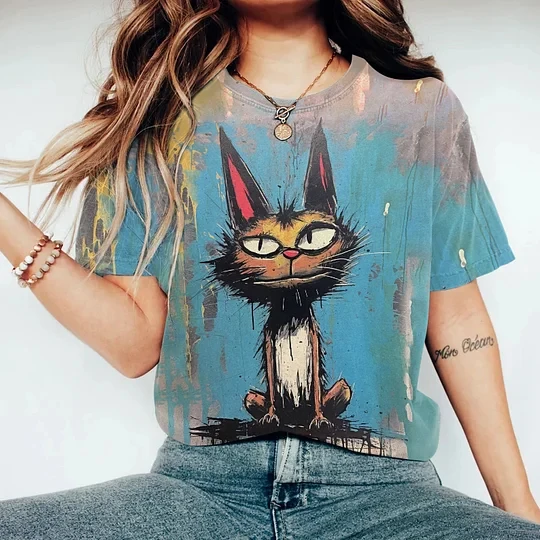 

Japenses Art Lovely Little Cat Pattern Women Spring Summer O Neck Short Sleeved Loose Breathable T Shirt