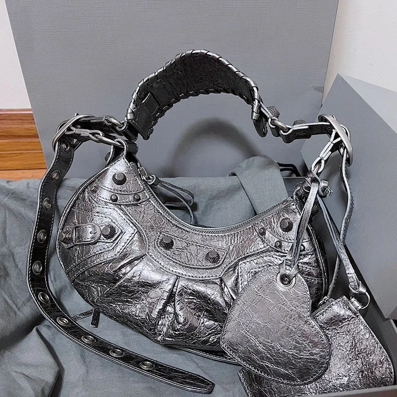 Street Style Rivet Motorcycle Bag Top Layer Cowhide Leather Three-In-One Single Shoulder Women's Bag Dumpling Shape Zipper Op...
