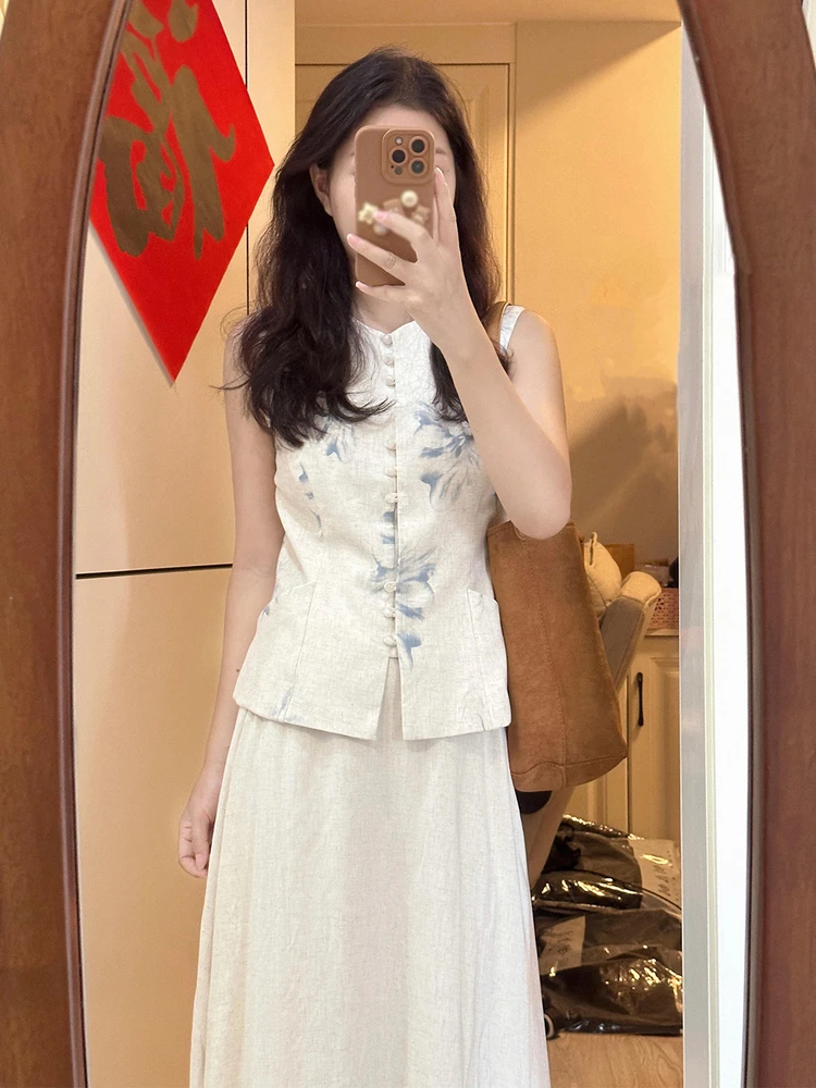 

New Chinese Style Two-Piece Set Linen Print Sleeveless Top High Waist Skirt Gentle Atmosphere Women Summer Fashion Ensemble