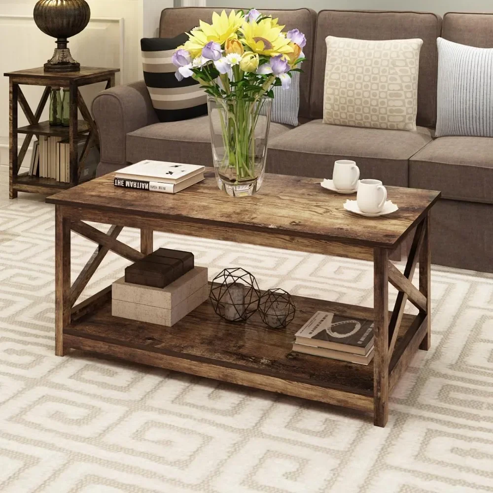 

Coffee Table, Modern Farmhouse Wood Coffee Table with 2-Tier Storage, 40 Inch,