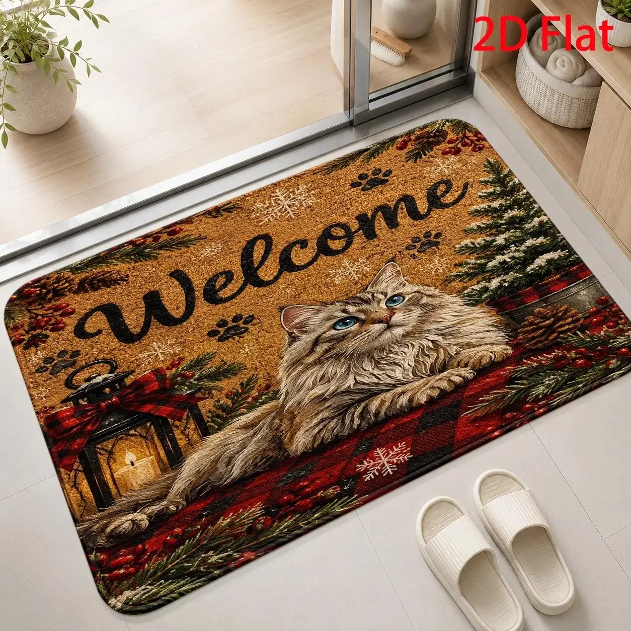 Welcome Floor Mat Blue Eyed Longhair Cat Printed Carpet Red Black Plaid Lighted Lantern for Front Doorway Entrance Hallway