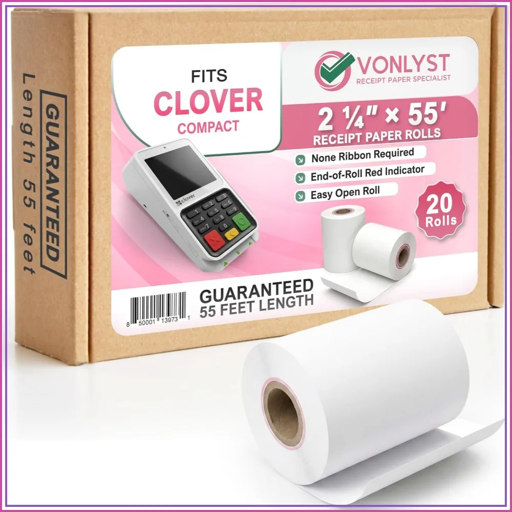 2 1/4 x 55 Thermal Receipt Paper 20 Rolls for Clover Compact Countertop POS