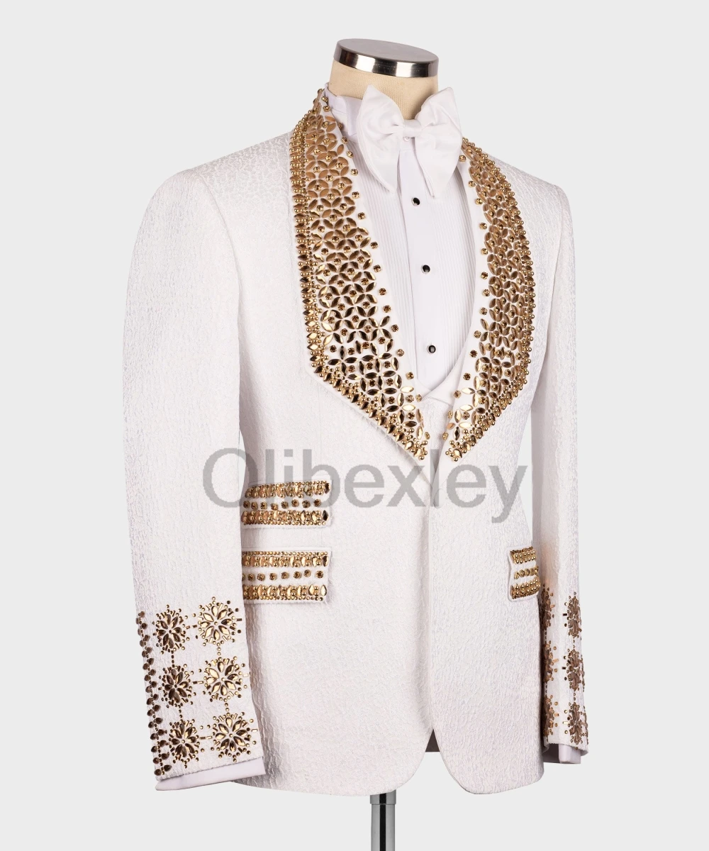 Olibexley Luxury White Gold Rhinestones Crystals Men Suits 3 Pieces Sets Groom Male Blazers Wedding Tuxedos Slim Customized S131