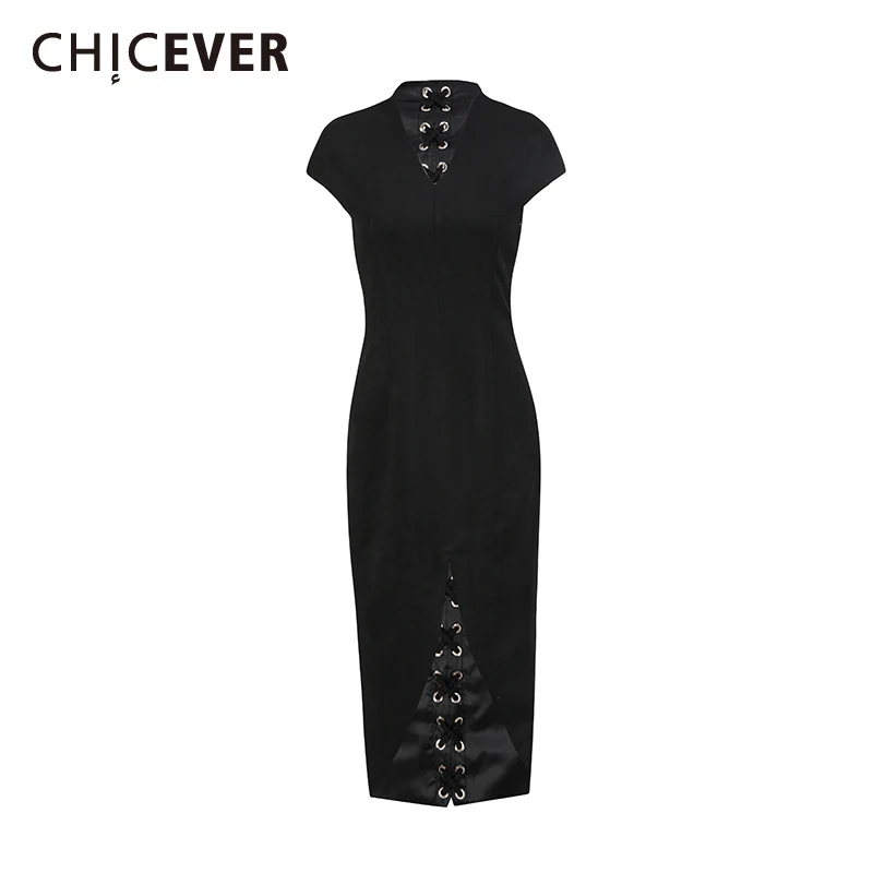 

CHICEVER Black Spliced Lace Up Chic Dress Female V Neck Short Sleeve Slimming Gentle Intellectual Women's Dresses Autumn Style