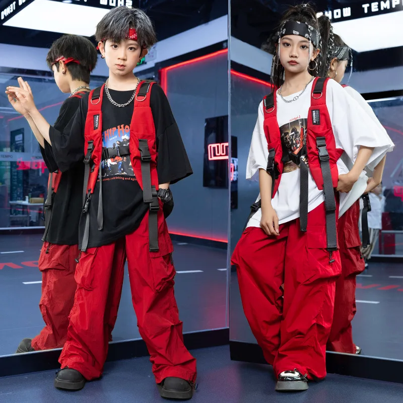 Ropa de Hip Hop Kpop para chico, camiseta blanca con gráfico, chaleco rojo, Top informal, pantalones Cargo de paracaídas para niña y niño, ropa de traje de baile