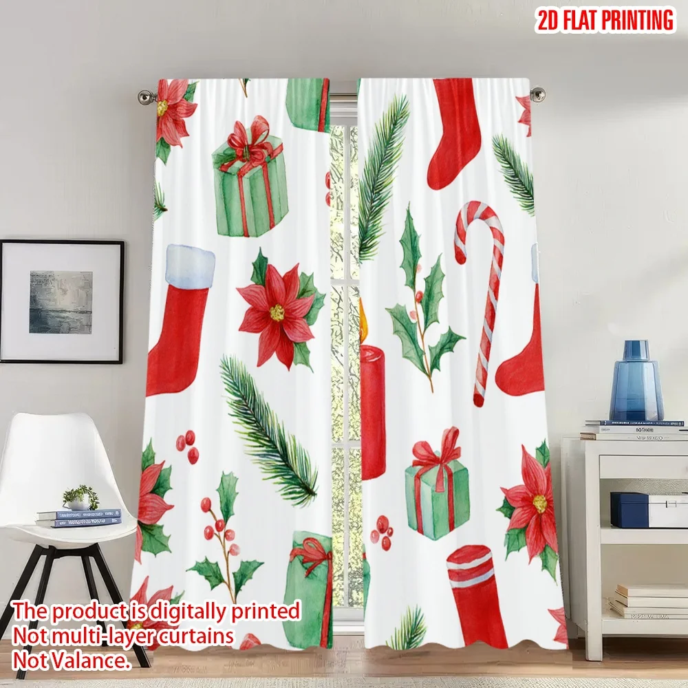 

2pcs 2D flat printing Christmas Hot Curtains Christmas Red Green Poinsettia Digital Printed Polyester Drapes Spring Use for
