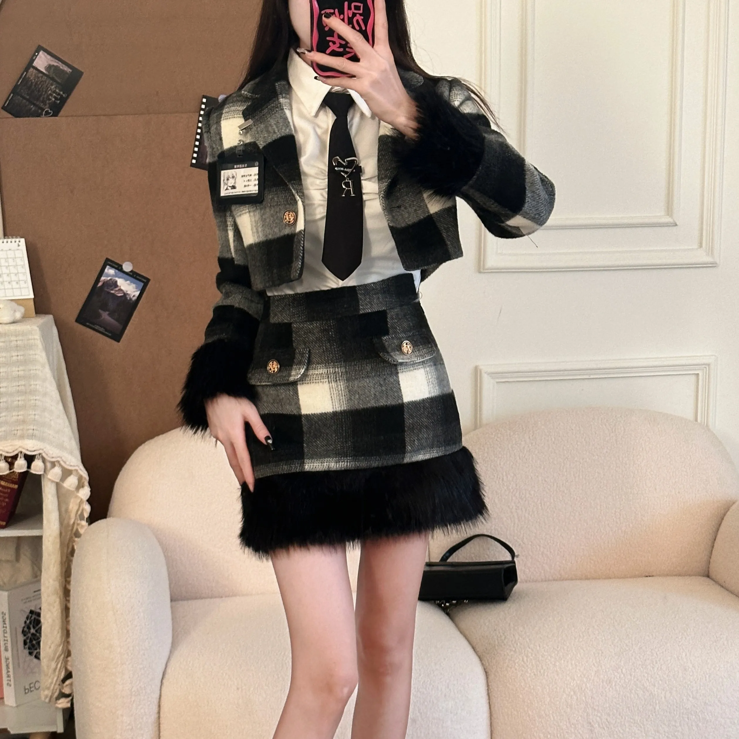 Socialite Women's Plaid Suit Jacket Skirt 2024 Autumn and Winter Slim-fit Academy Style Short Coat A-line Skirt Two-Piece Set