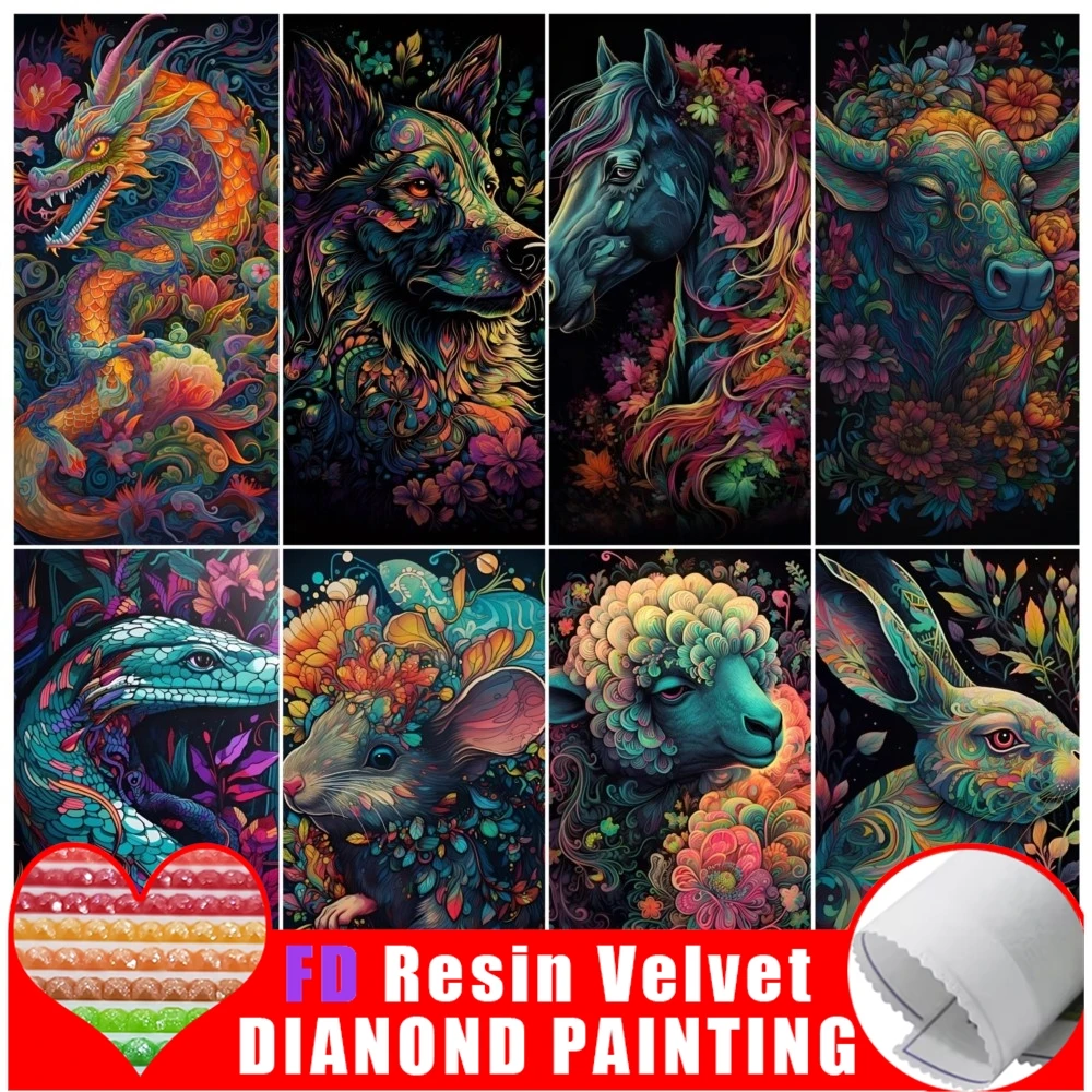 

FD Resin 12 Zodiac Colorful Flower Animal Diamond Painting Large Size Fantasy Tiger Horse Landscape Rhinestone Mosaic Embroidery