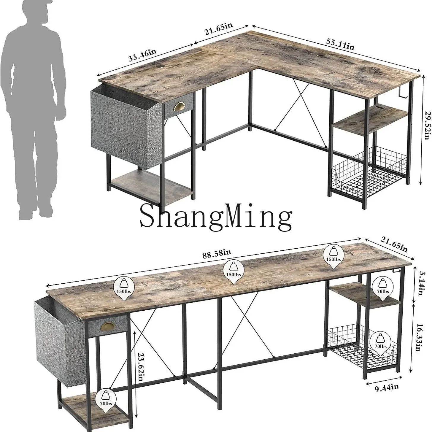 Escritorio doble para ordenador SM, estante de almacenamiento de esquina de gran capacidad para oficina con cajón