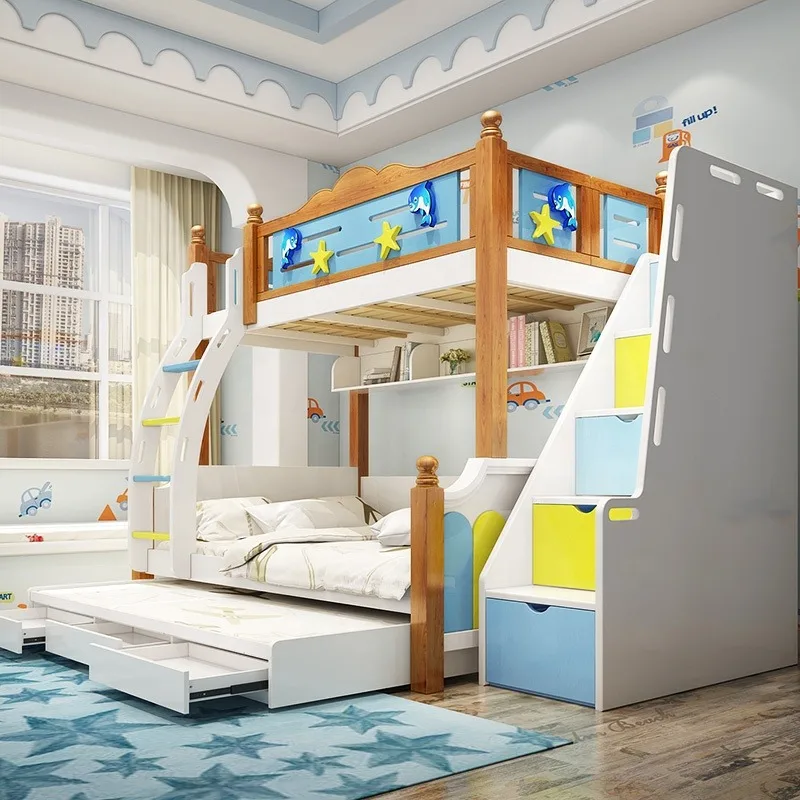 Wood Kids Bunk Bed for Boys With Slide Colorful Children'S Furniture Bed Sets