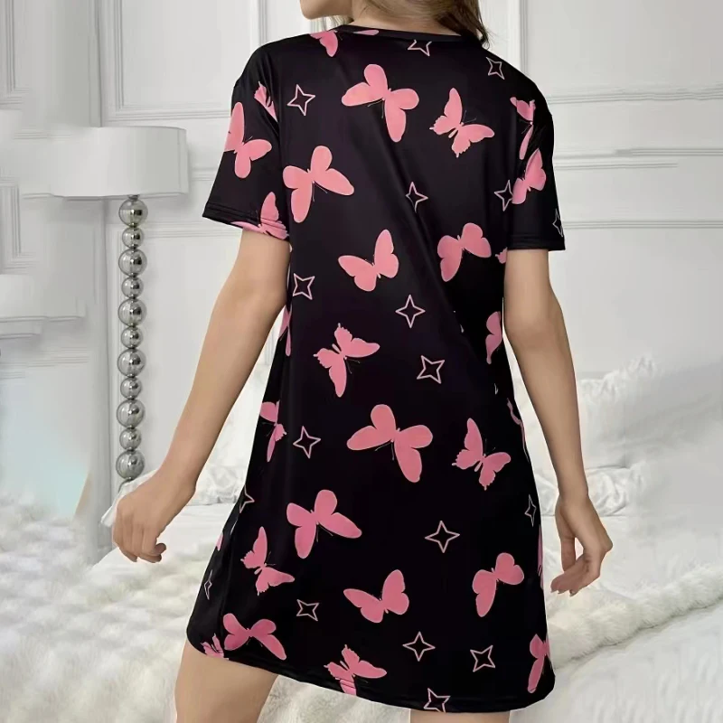 Women\'s Nightdress Summer Butterfly Print Nightgowns Casual Short Sleeve Tee Sleep Dress Soft Comfortable Sleepwear Nightwear