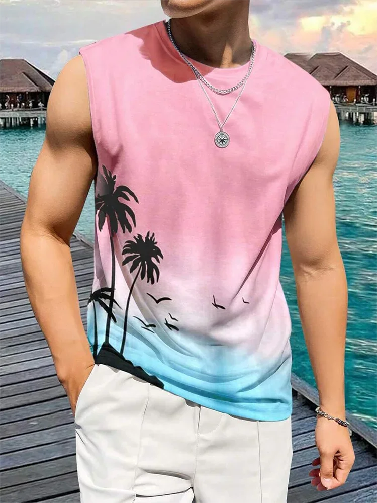 

Men's Sleeveless Trendy T Shirt Summer Island Beach Vacation Style Casual Fashionable Round Neck Quick Drying Breathable Clothes
