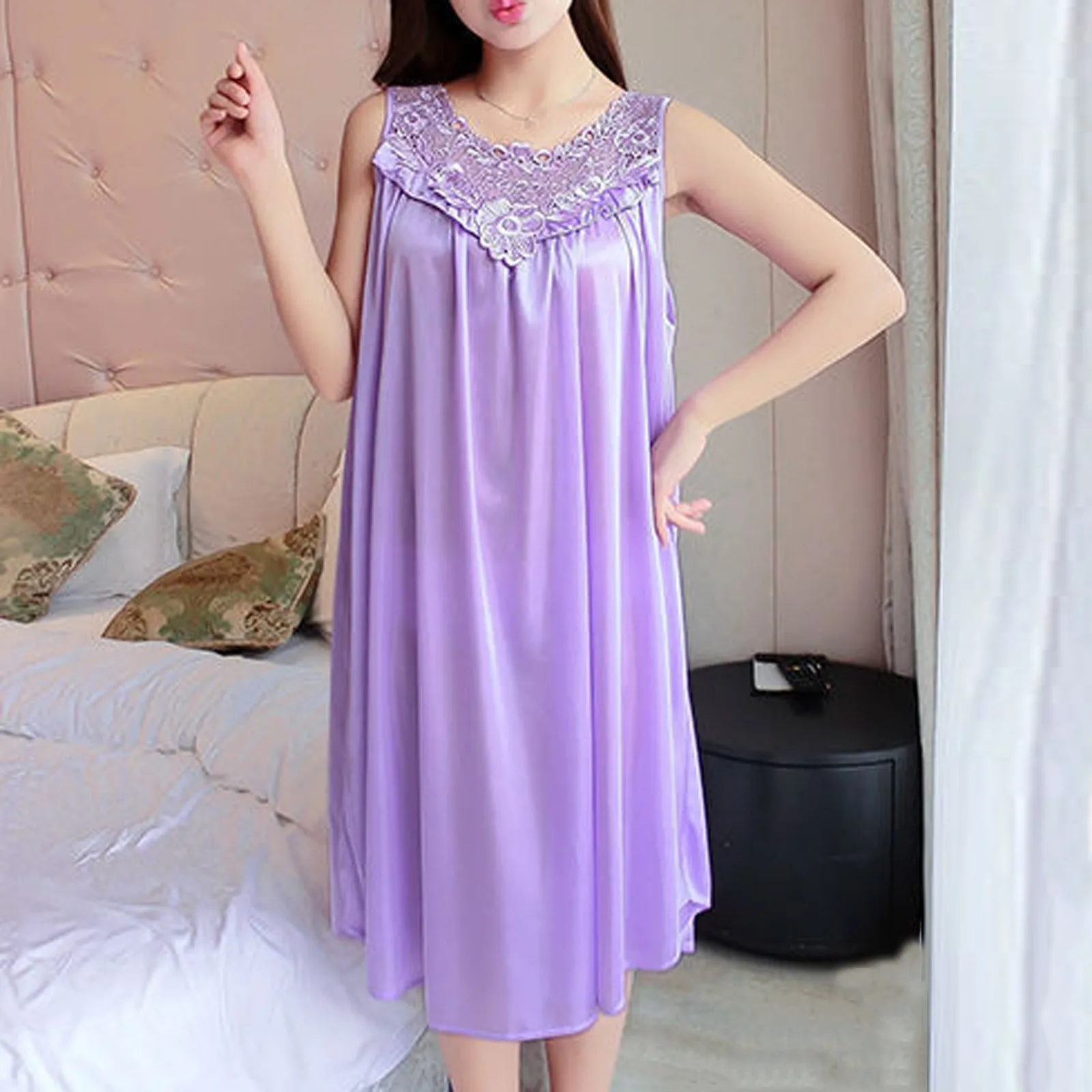 Ice Silk Satin Sleeveless Sexy Night Dress Women Sleeveless Lace Stitching Home Clothing Sleepwear Loose Fit Comfy Pyjama