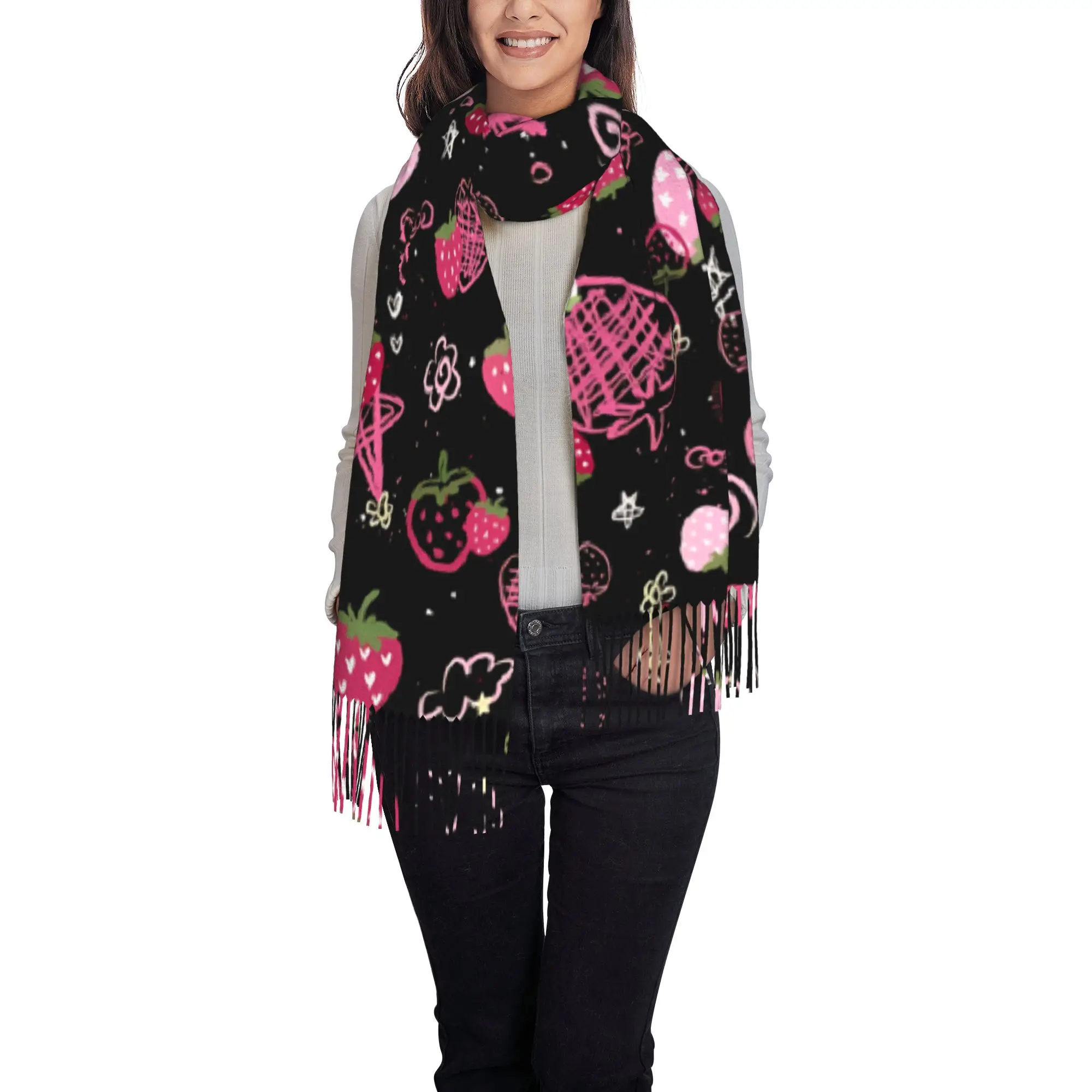 1 PC Dark Pink Berry Graphic Echarpe Wraps  In Winter New Design Windproof Birthday Gift Tassels Shawl Scarves