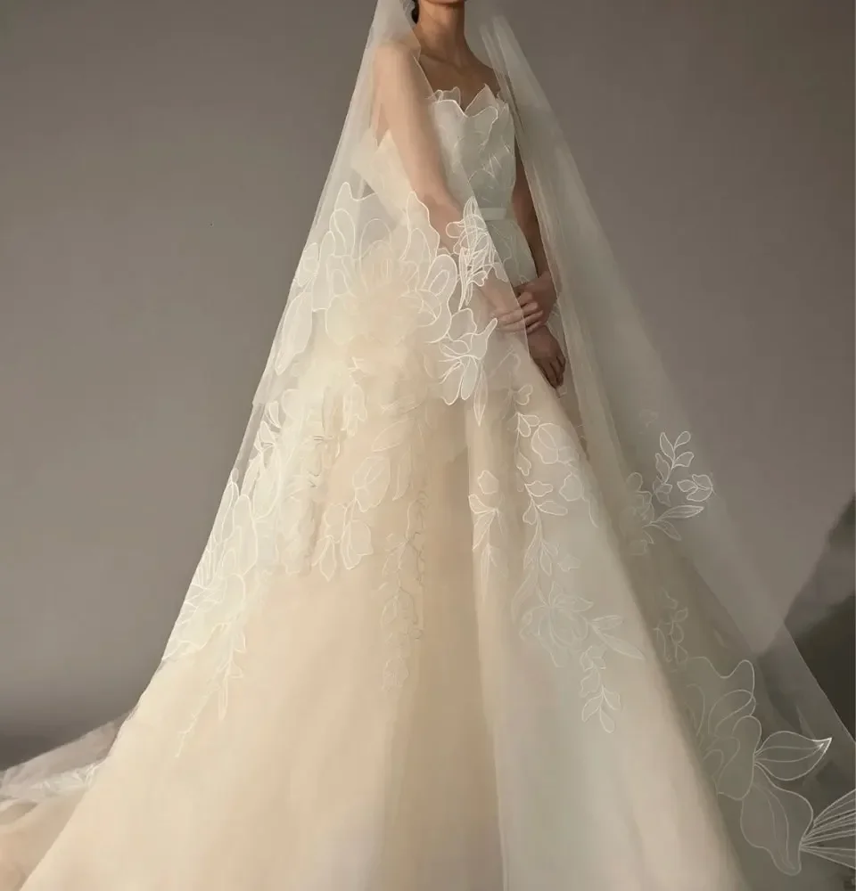 Long Veil Korea Custom Made Applique Lace Long Veil Elegant