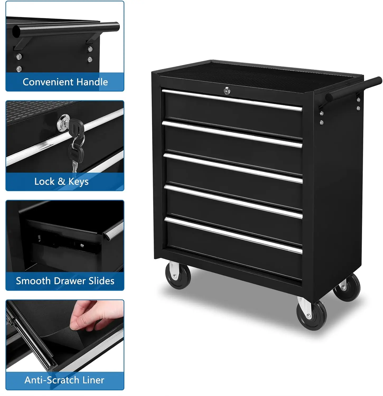 Drawer Rolling Tool Chest w/Lock & Key, Tool Storage Cabinet with Wheels, Top Cushion & Drawer Liners, Tool Organizer Box for Ga