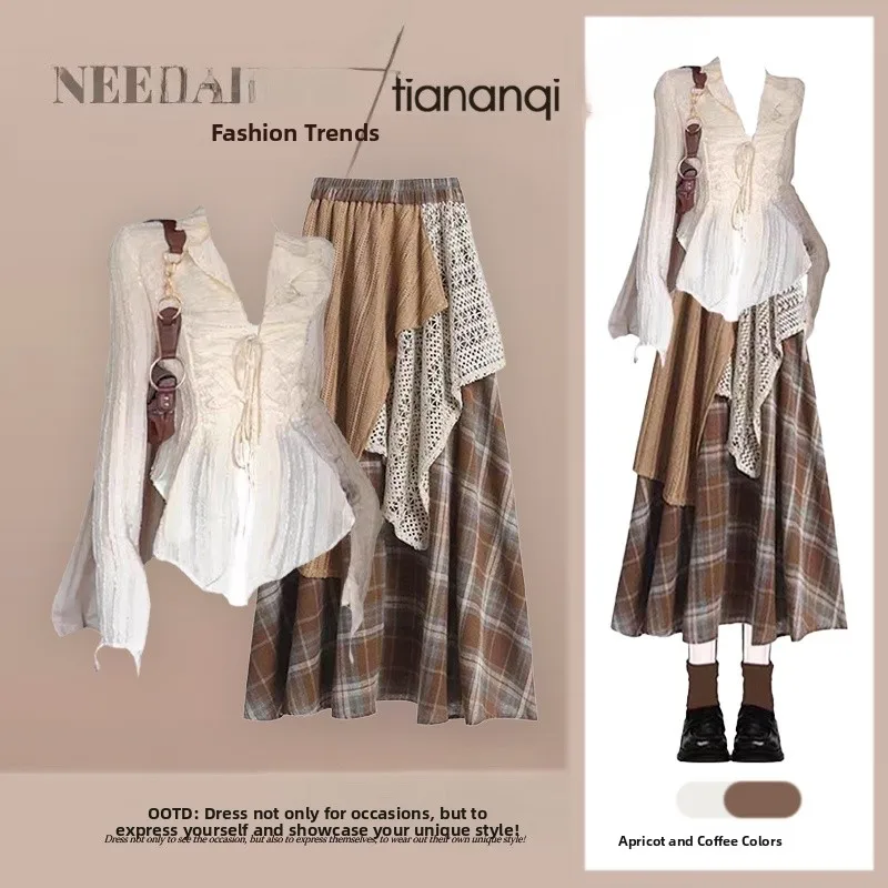 

Korean Design irt Top High Waist Plaid Skirt Two Piece Set Summer New Sle Retro Slimming f Body Skirt Set