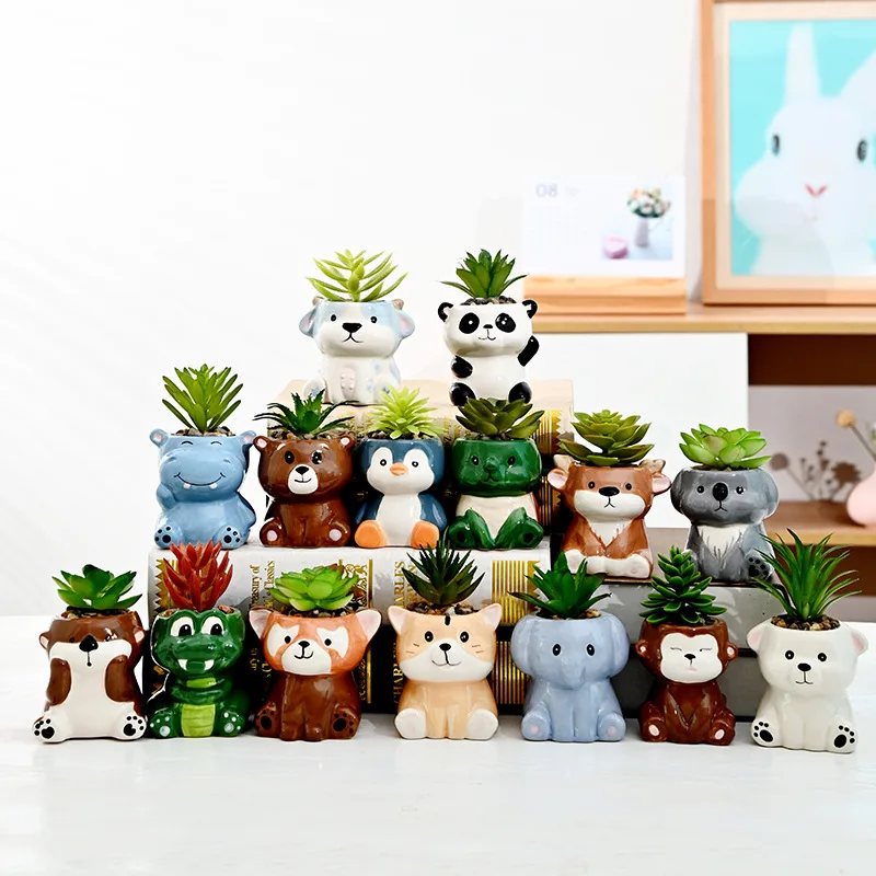 6pcs  Animal Ceramic Flowerpot Succulents Planter Water Planting Container Sheep Fox Shape Decorative Pot Desktop Ornaments