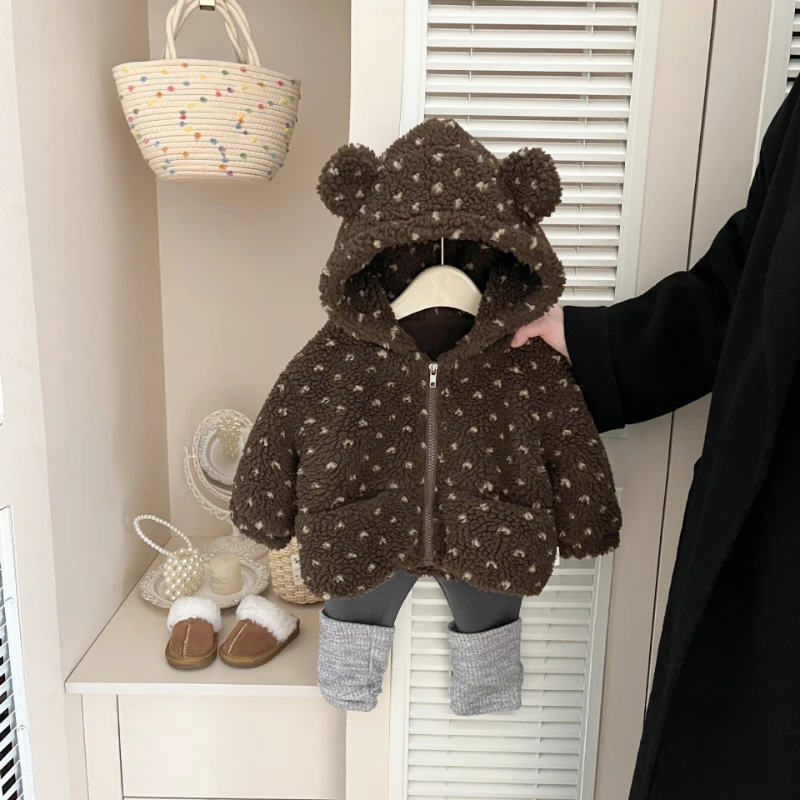 

2025 Winter New Girls' Stylish Cute Polka Dot Thick Lamb Wool Warm Hooded Jacket