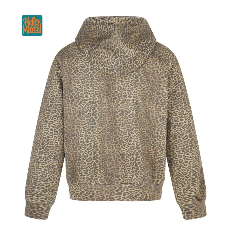 HELLOMARCEL EU US Size Women Hoodie Autumn Oversize Leopard Print Streetwear Distressed Ripped Letter Double Zipper Hoodie