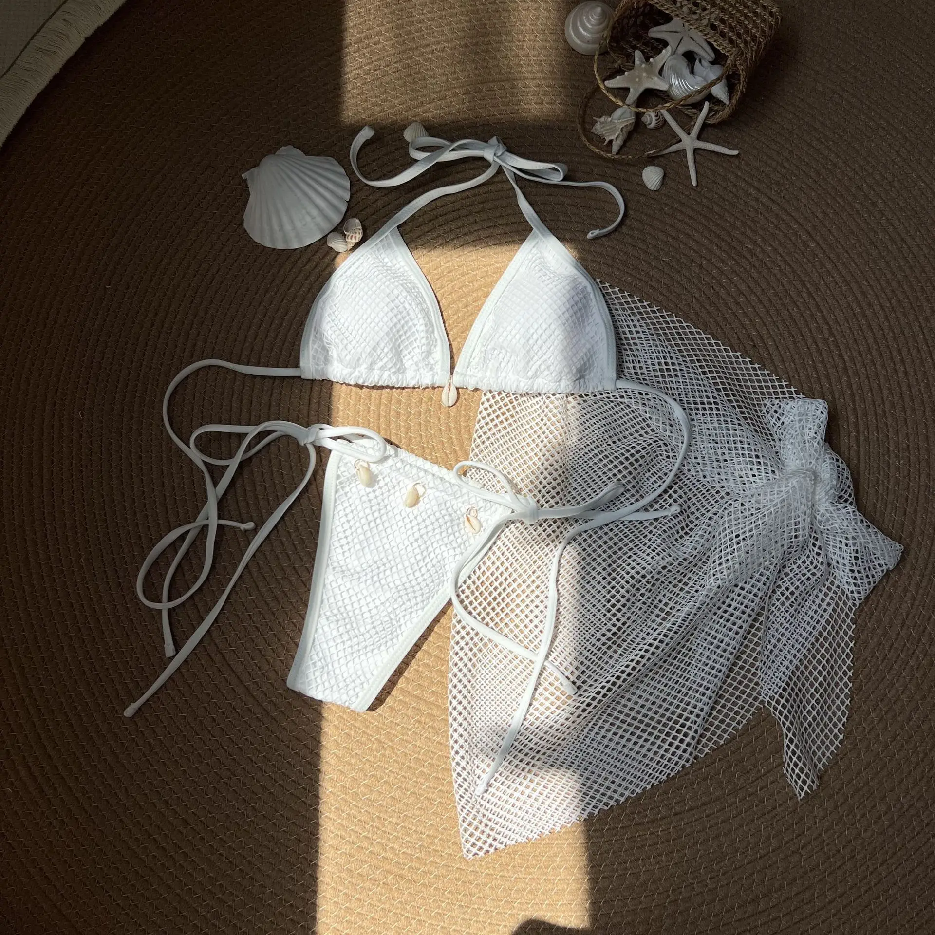 Sexy plaine maille bikinis ensembles 3 pièces avec maille couverture jupe coquille pendentif maillots de bain maillot de bain tenues de plage biquini tankini