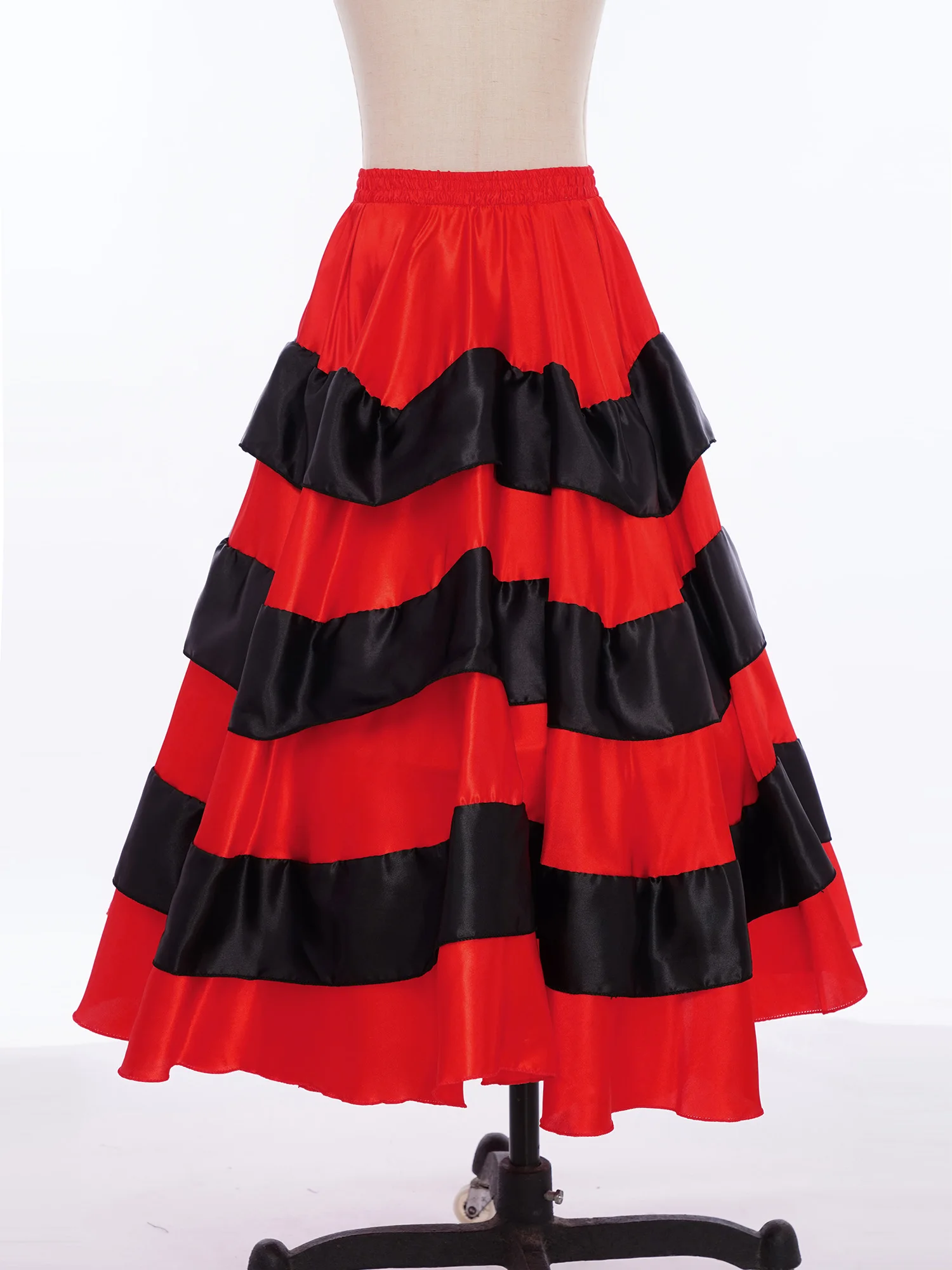 Kids Girls Gypsy Girl Spanish Flamenco Skirts Striped Satin Silk Big Swing Red Long Skirt Team Performance Ballroom Belly Dance