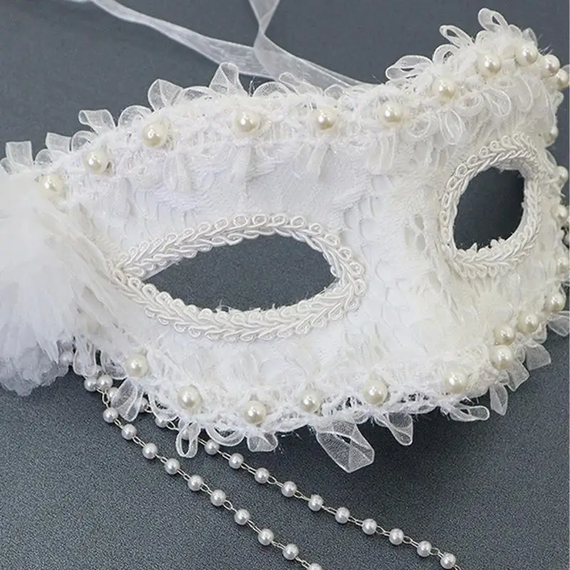 قناع نصف وجه قابل للتعديل مع ديكورات من اللؤلؤ الصناعي، ملحق زي الهالوين البلاستيكي للبالغين والأطفال 6XDA