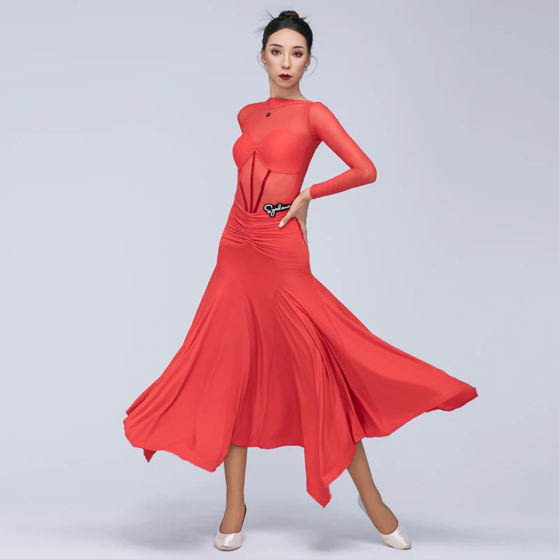 Red Ballroom Dance Dress Women Competition Clothing Backless Long Sleeves Practice Clothes Waltz Dance Wear Prom Dress DNV22079