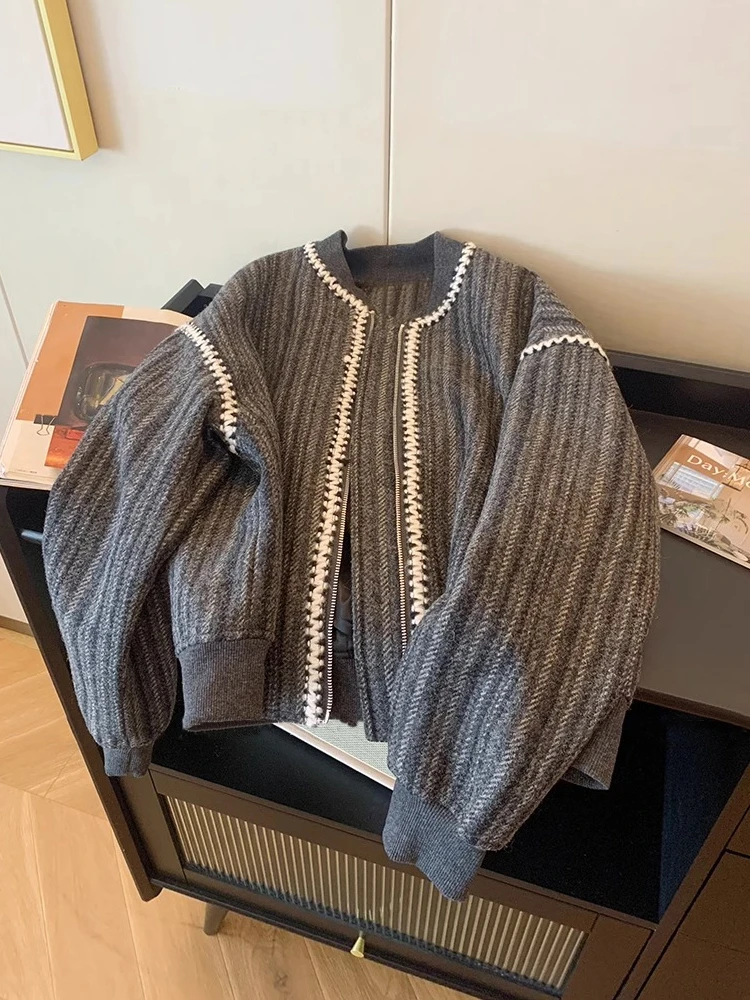 

Повседневная бейсбольная куртка, весна-осень, ленивый дизайн, свободная посадка для похудения, персональная верхняя одежда, хлопковая длинная молния све