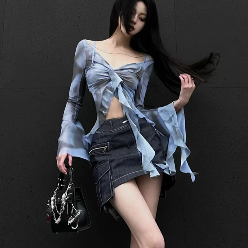 Sexy Tie Dye Printed T-Shirt for Women Women's Ruffled Mesh Shirt Summer V-Neck Slim Fit Strap Short Top Bodysuits